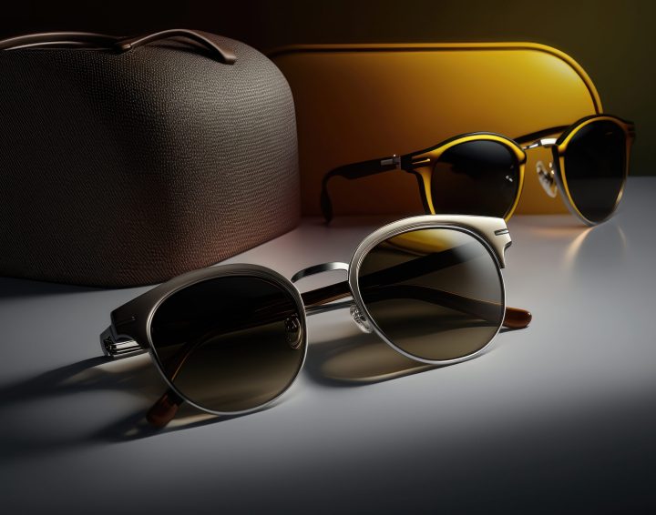 Sunglasses and eyeglasses advertisement. Close-up illustration. AI generated